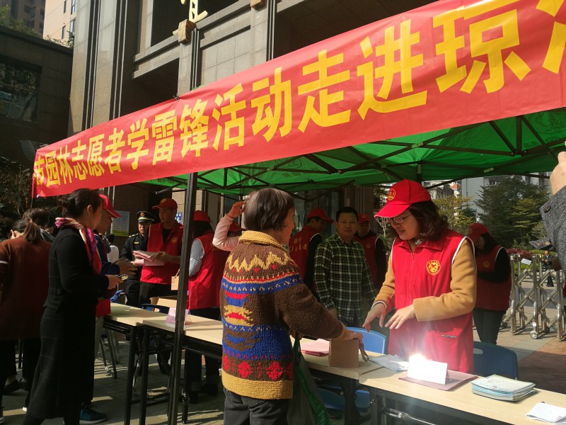 园林志愿者向居民介绍小盆栽养护方法